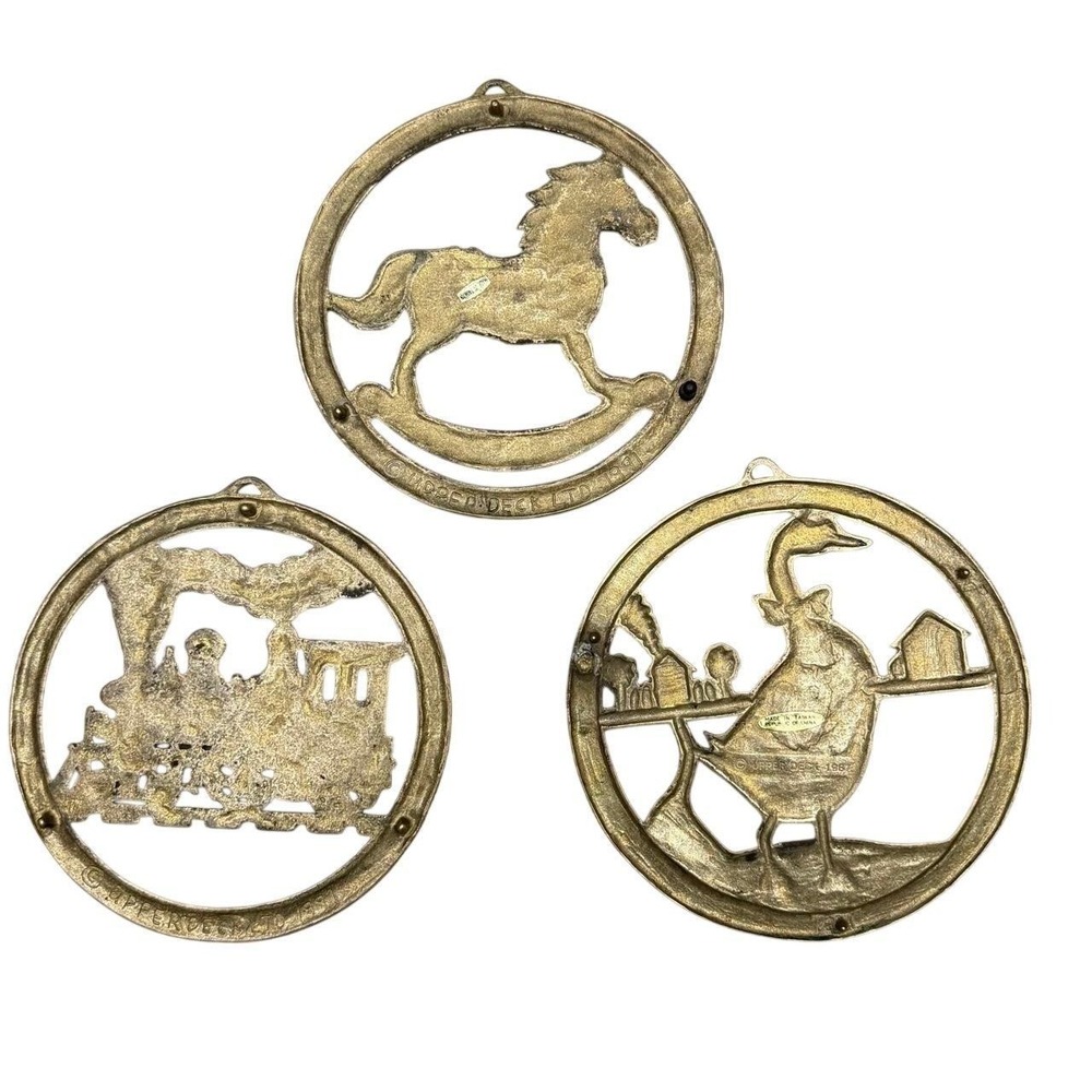 S Upper Deck Brass Trivet Wall Hanging 3 OS Gold Train Horse Goose 1991 Vintage